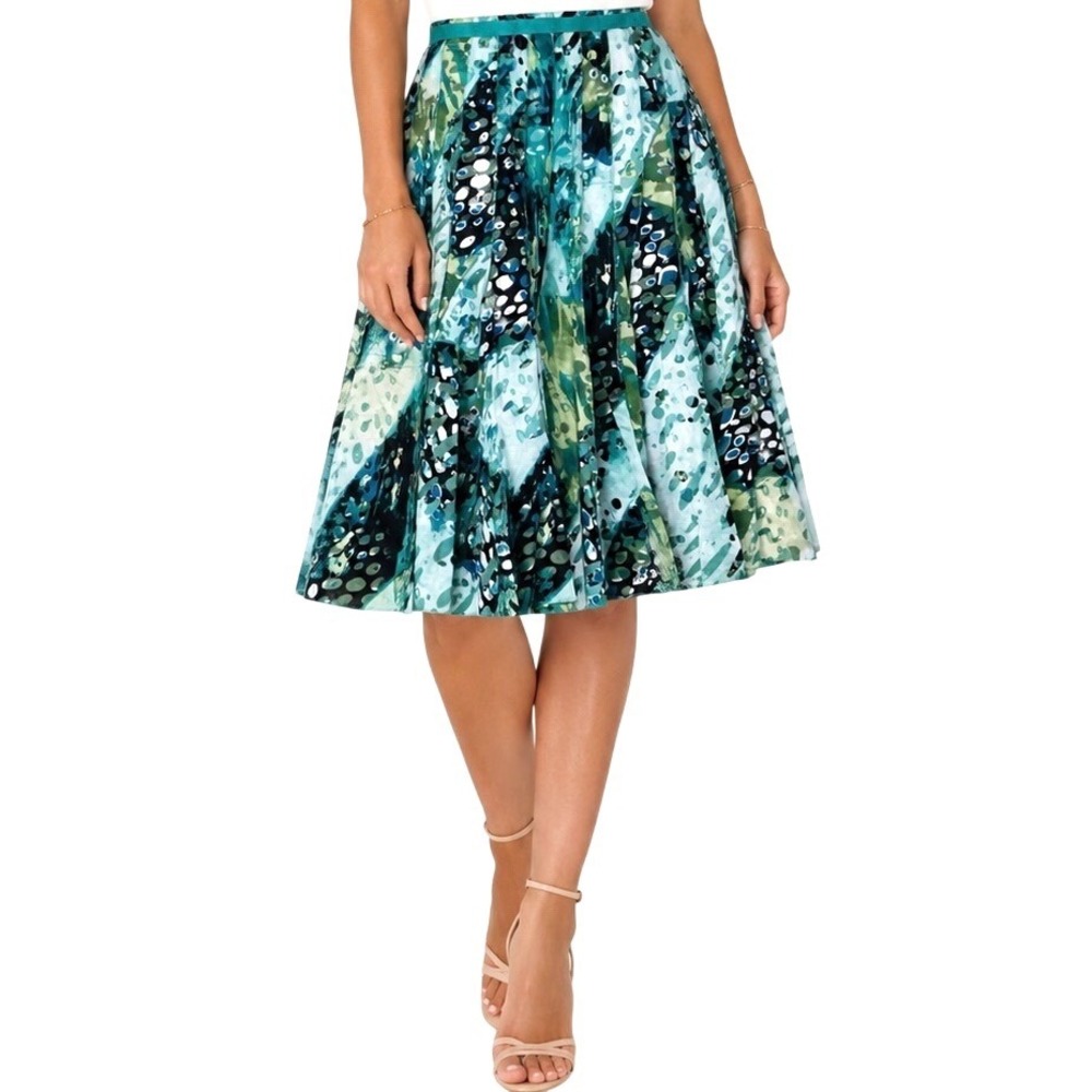 Nue Options Essentials Women‎ Green Abstract Pleated Skirt Size 10 Cotton Lined